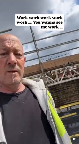 In another moment from the same sequence, Hendy turns the camera toward himself while standing beneath scaffolding, his expression focused as he navigates the demands of the job. The repeated caption "Work work work work work .... You wanna see me work ..." underscores the rhythm of his daily routine. | Source: Instagram/johnhendyeast17_official