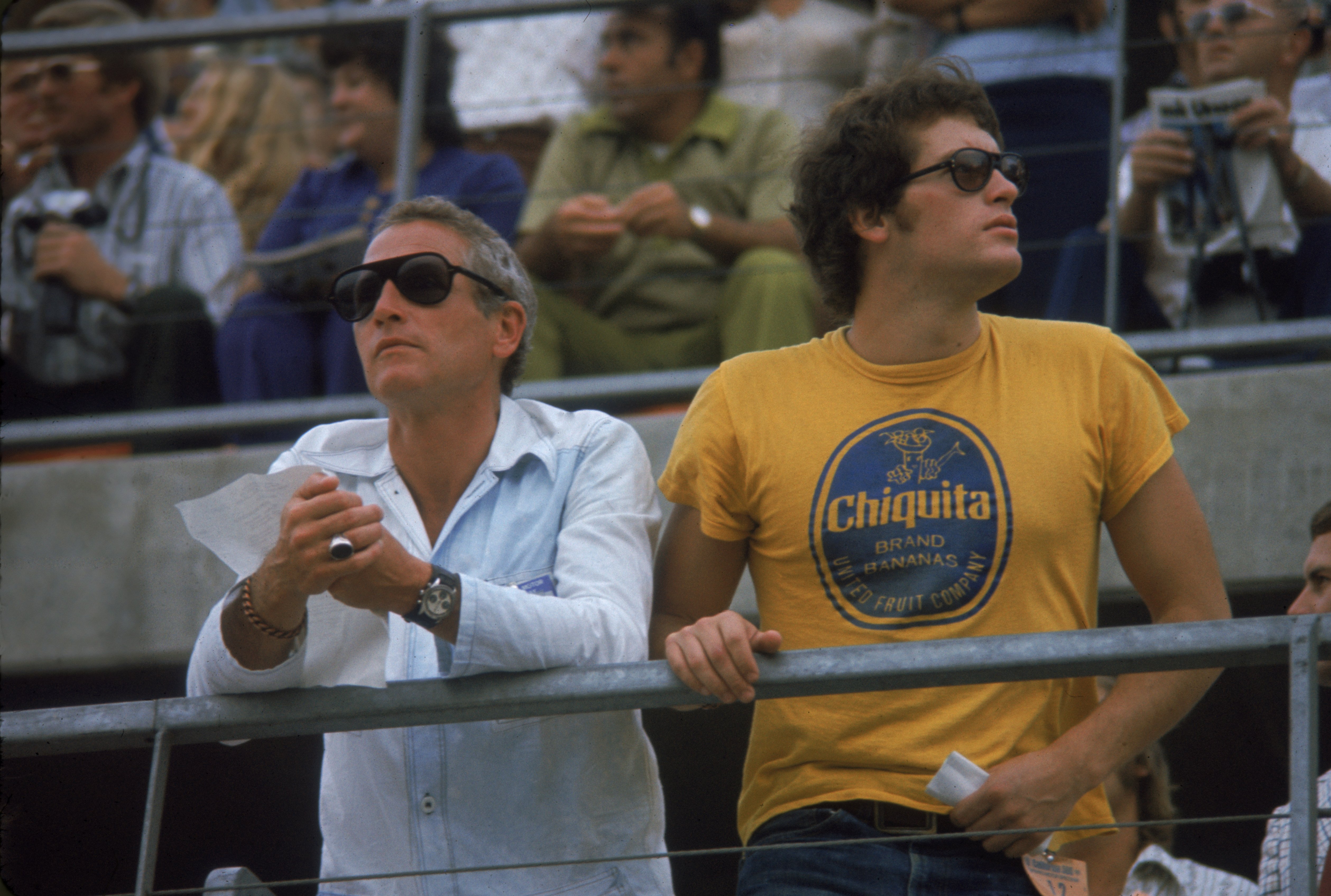 Paul Newman and his son Scott Newman during the Ontario 500 automobile race on September 3, 1972 in Ontario, California. / Source: Getty Images