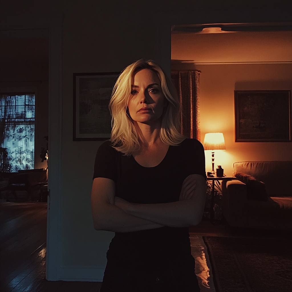 A woman standing in a living room with folded arms | Source: Midjourney