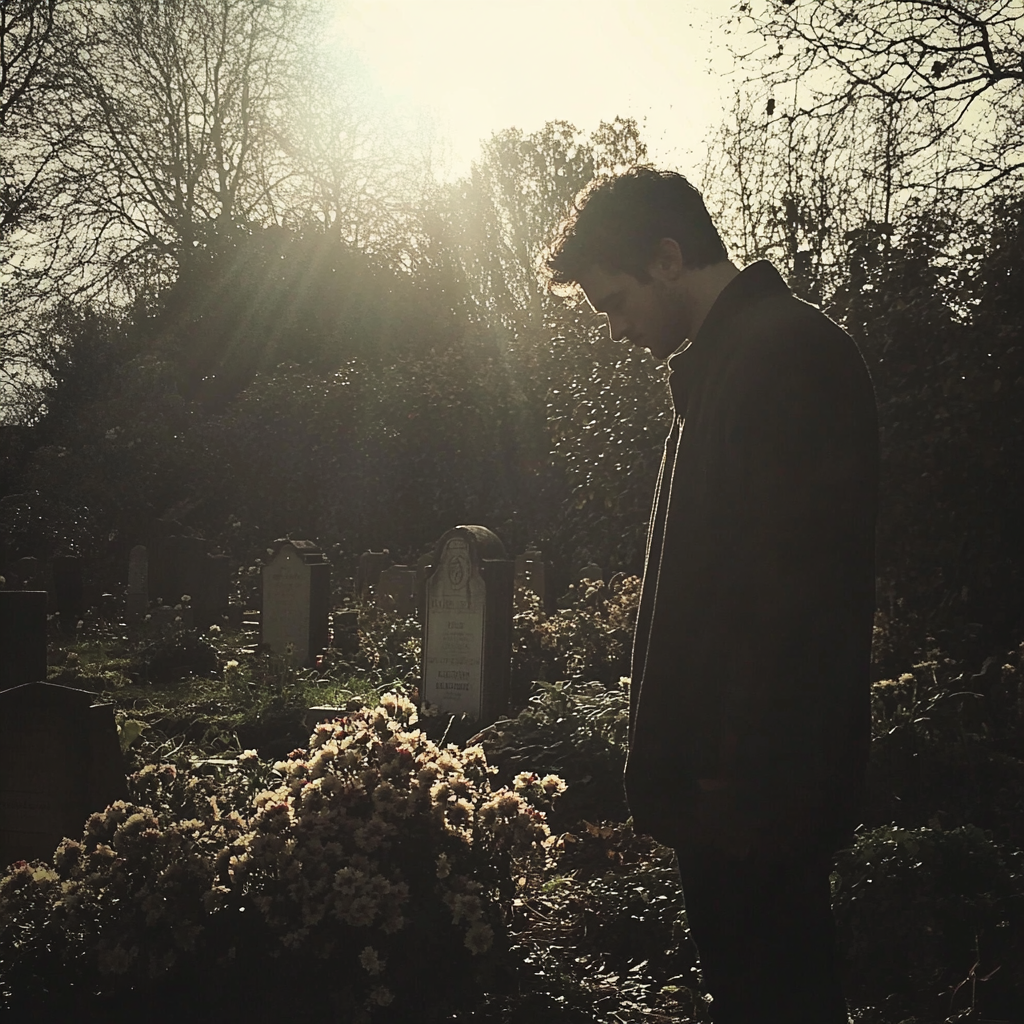 A man looking down at a grave | Source: Midjourney