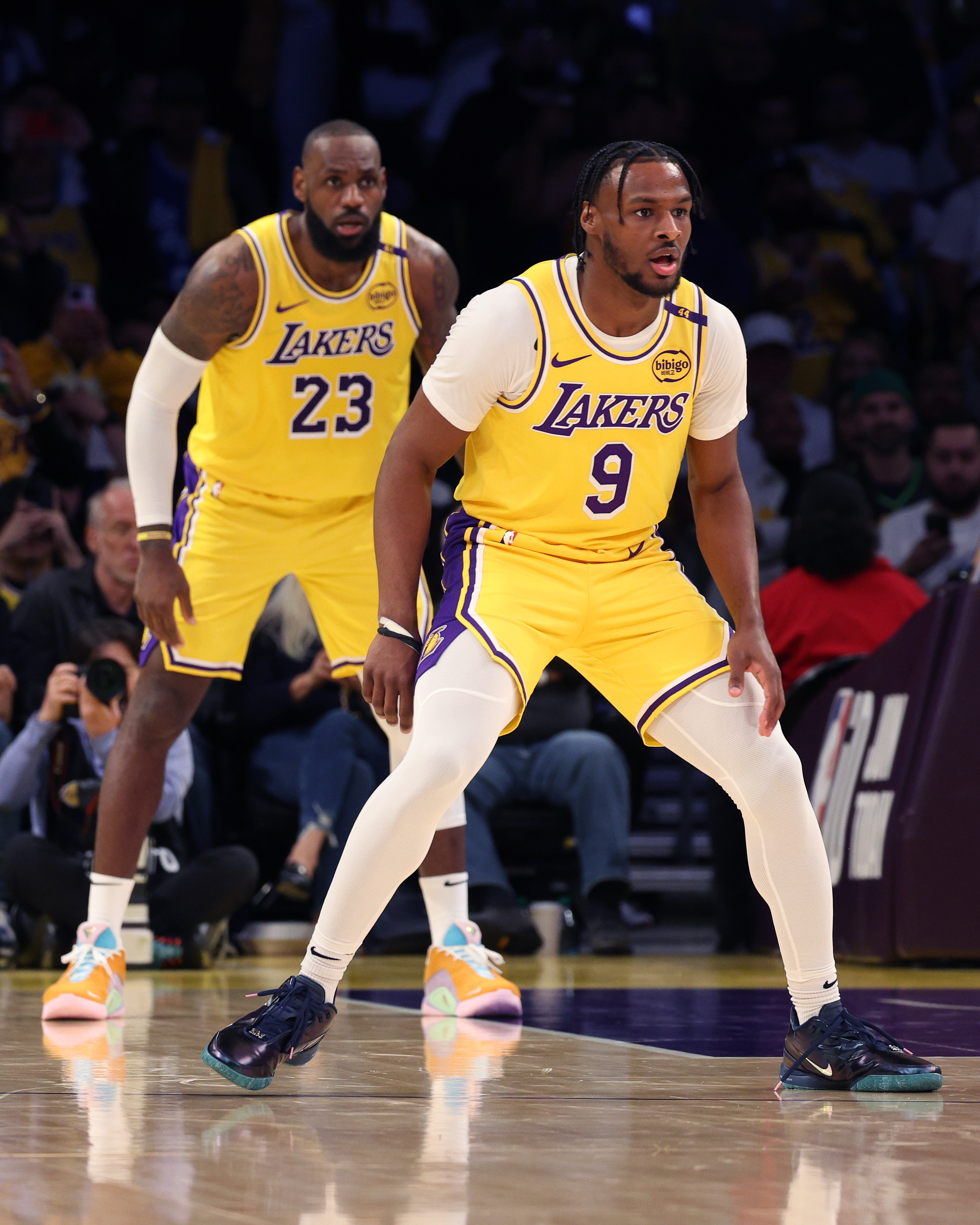 LeBron and Bronny James during the Minnesota Timberwolves vs Los Angeles Lakers game on October 22, 2024, at Crypto.com Arena in Los Angeles, California | Source: Getty Images