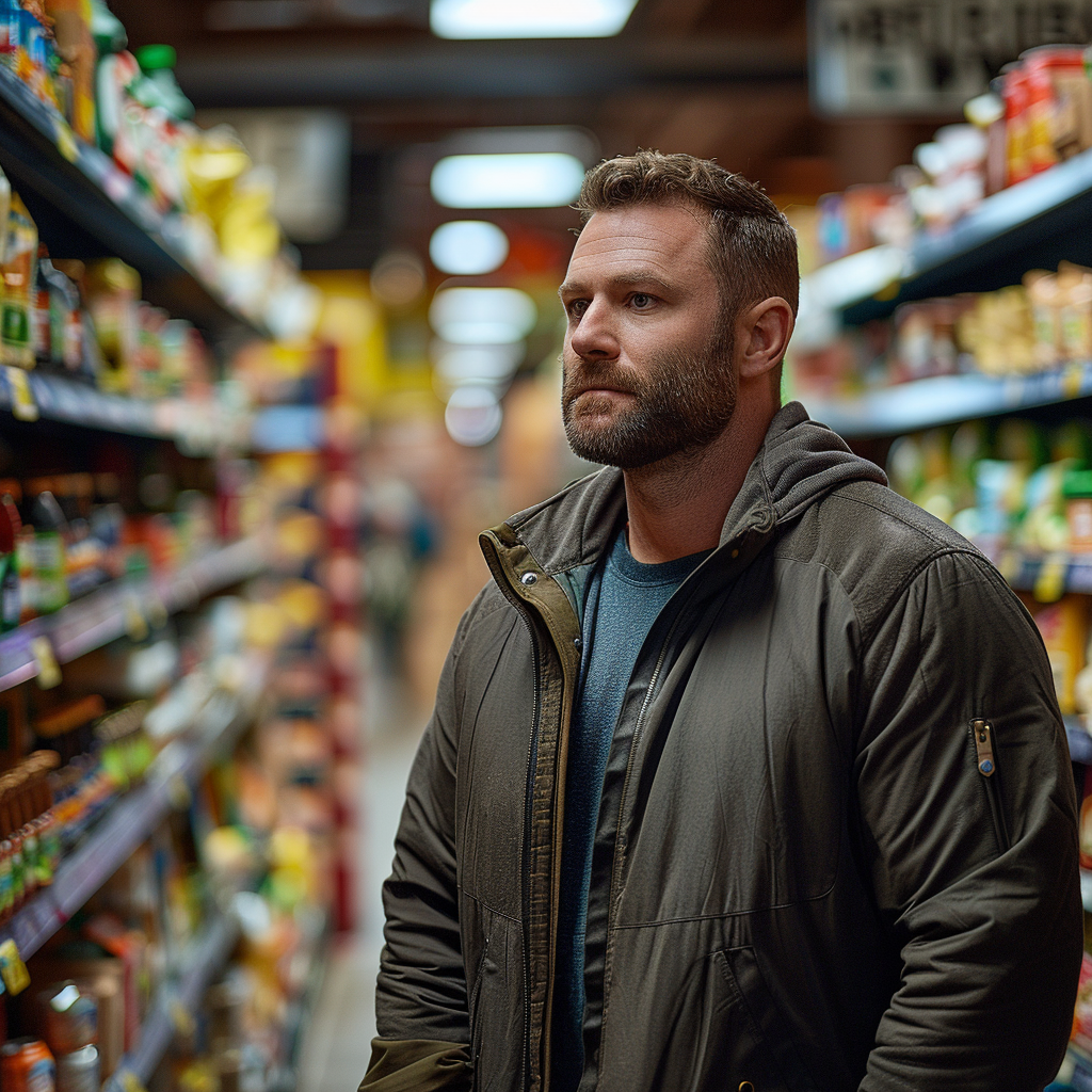 A sad man in a grocery store | Source: Midjourney