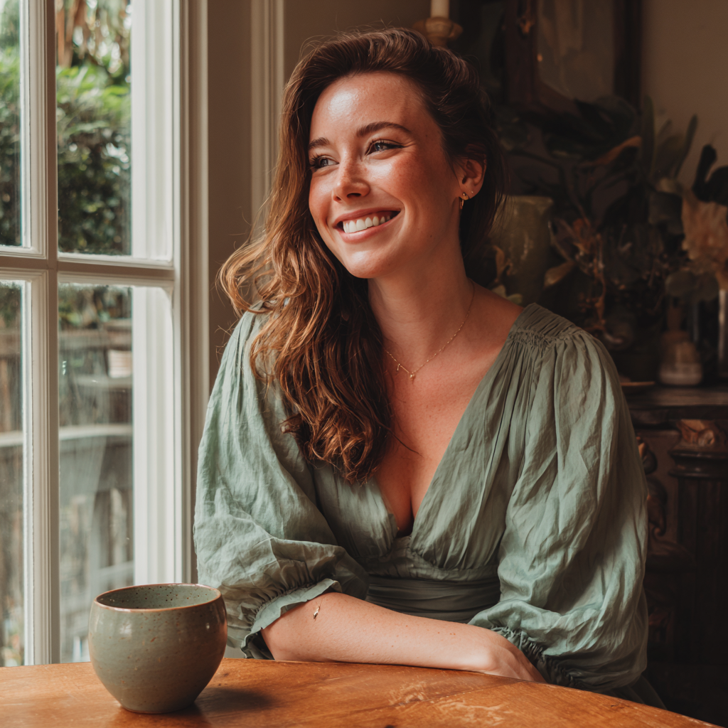 A smiling woman sitting at a table | Source: Midjourney