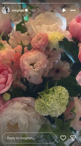 A close-up shot reveals the full, abundant arrangement in detail — blush peonies, coral and cream lisianthus, yellow button blooms, and a cluster of pale green hydrangeas packed tightly together in a riot of soft spring colour. The richly layered composition fills the entire frame, with deep green foliage woven throughout. | Source: Instagram/meghan