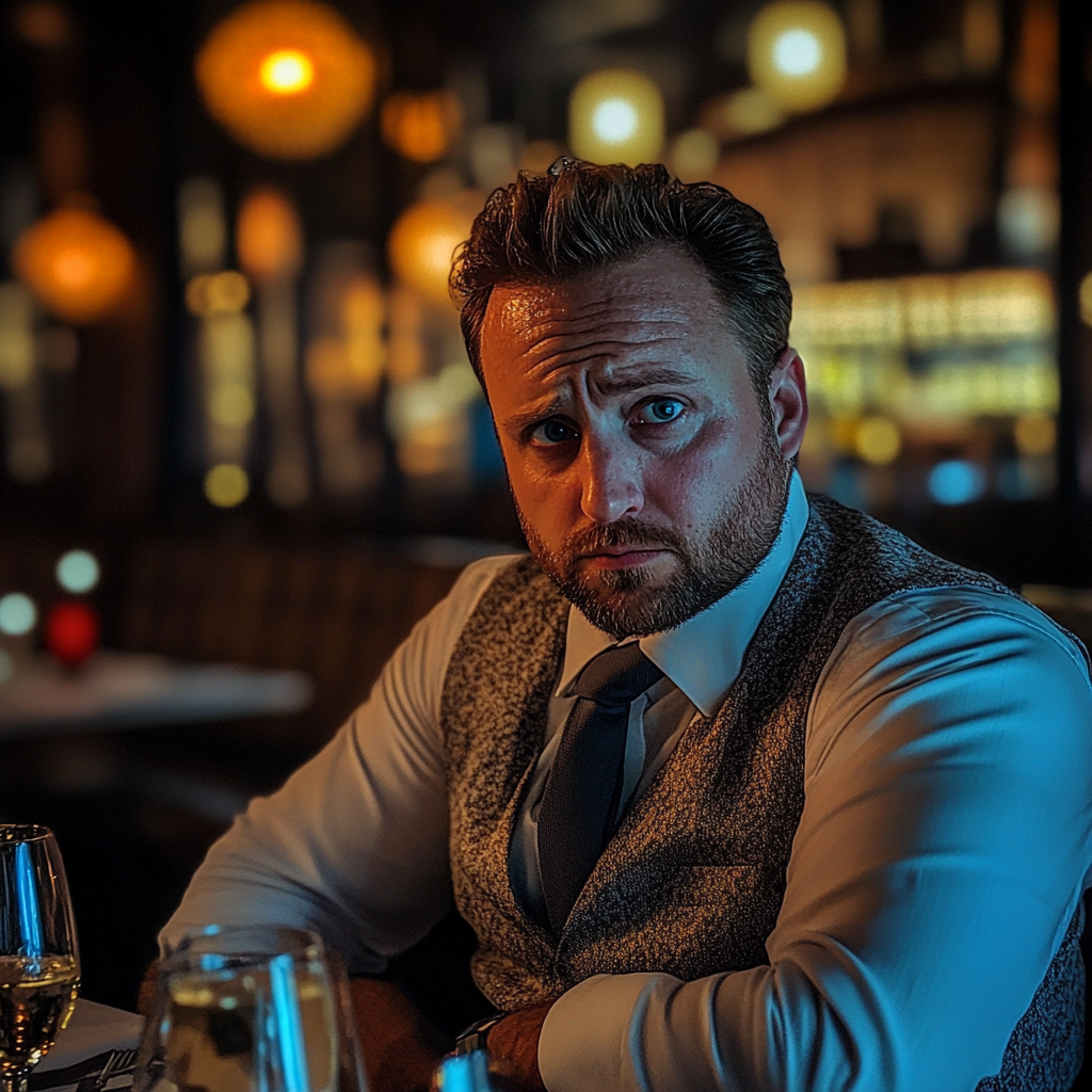 An upset man sitting at a table | Source: Midjourney