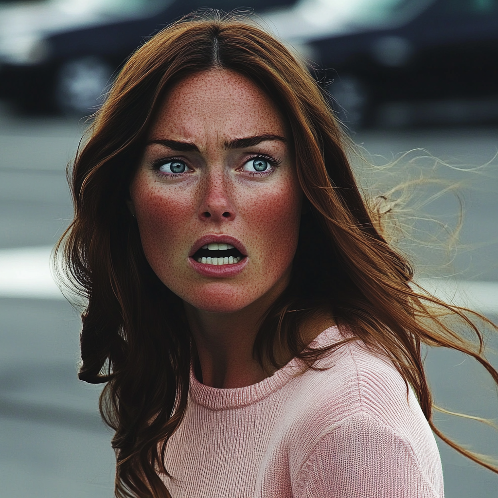 A shocked woman in a parking lot | Source: Midjourney