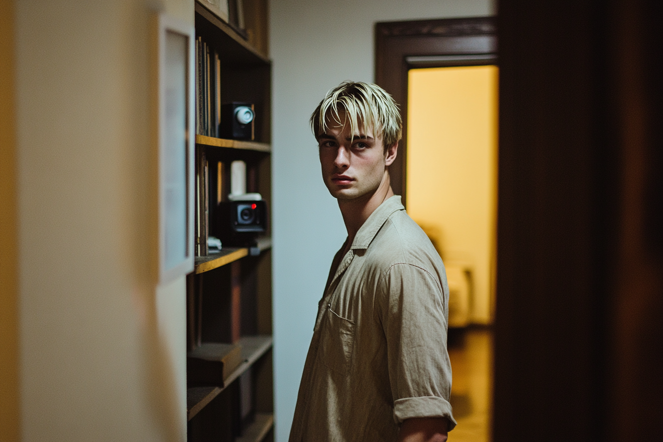 A man standing in his apartment doorway | Source: Midjourney