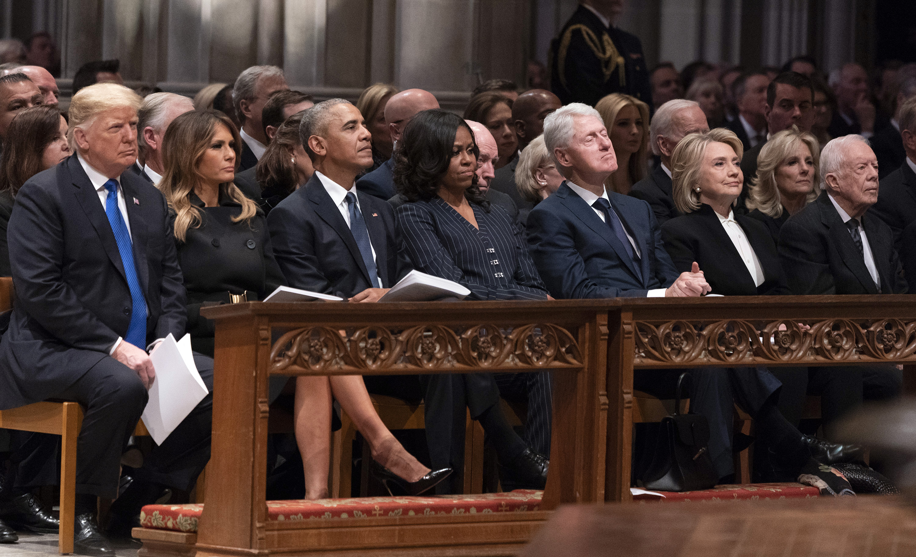 Donald and Melania Trump, Barack and Michelle Obama, Bill and Hillary Clinton, and Jimmy and Rosalynn Carter attend the state funeral of George W. Bush at the National Cathedral on December 5, 2018 | Source: Getty Images