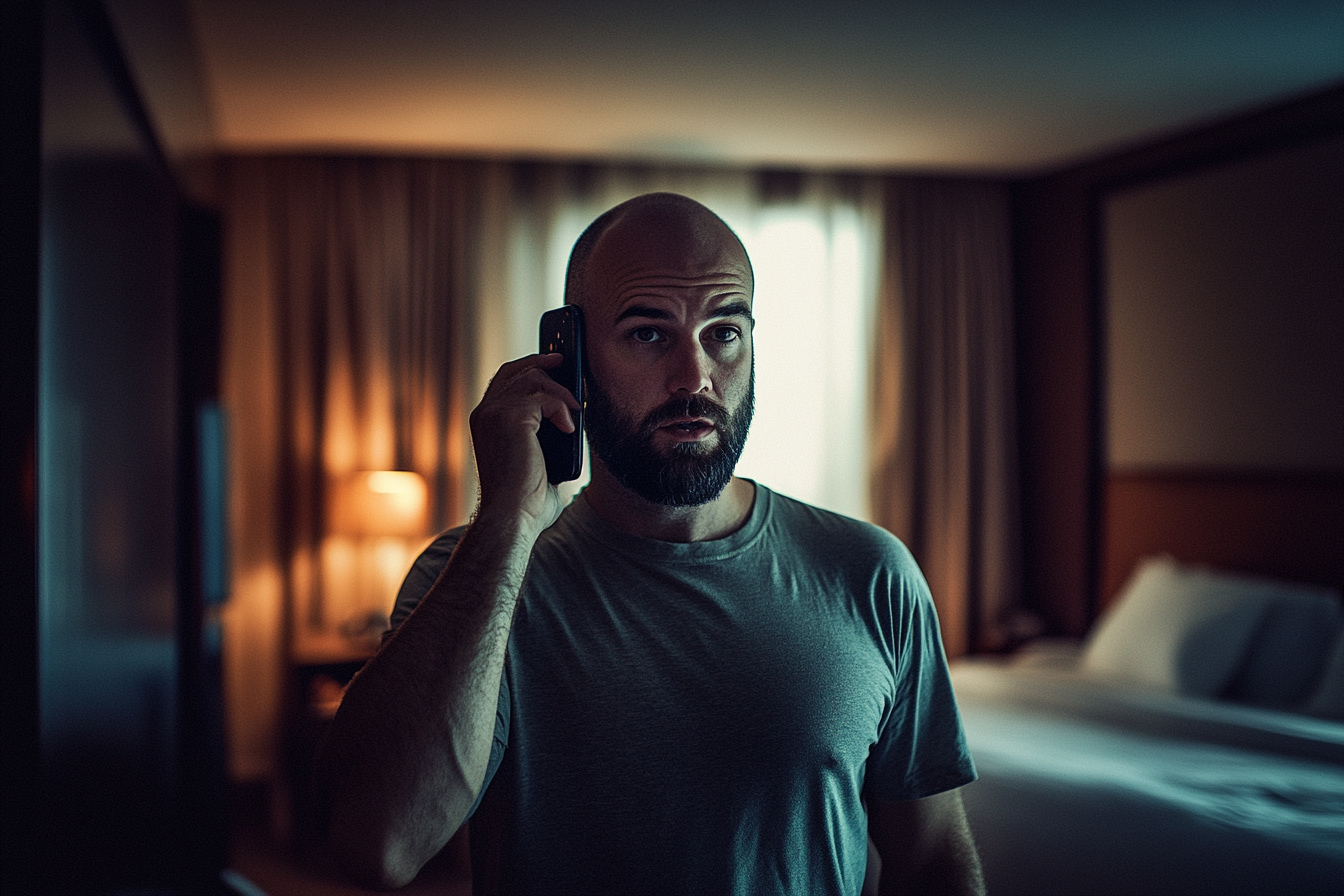 A man on the phone in a hotel room | Source: Midjourney