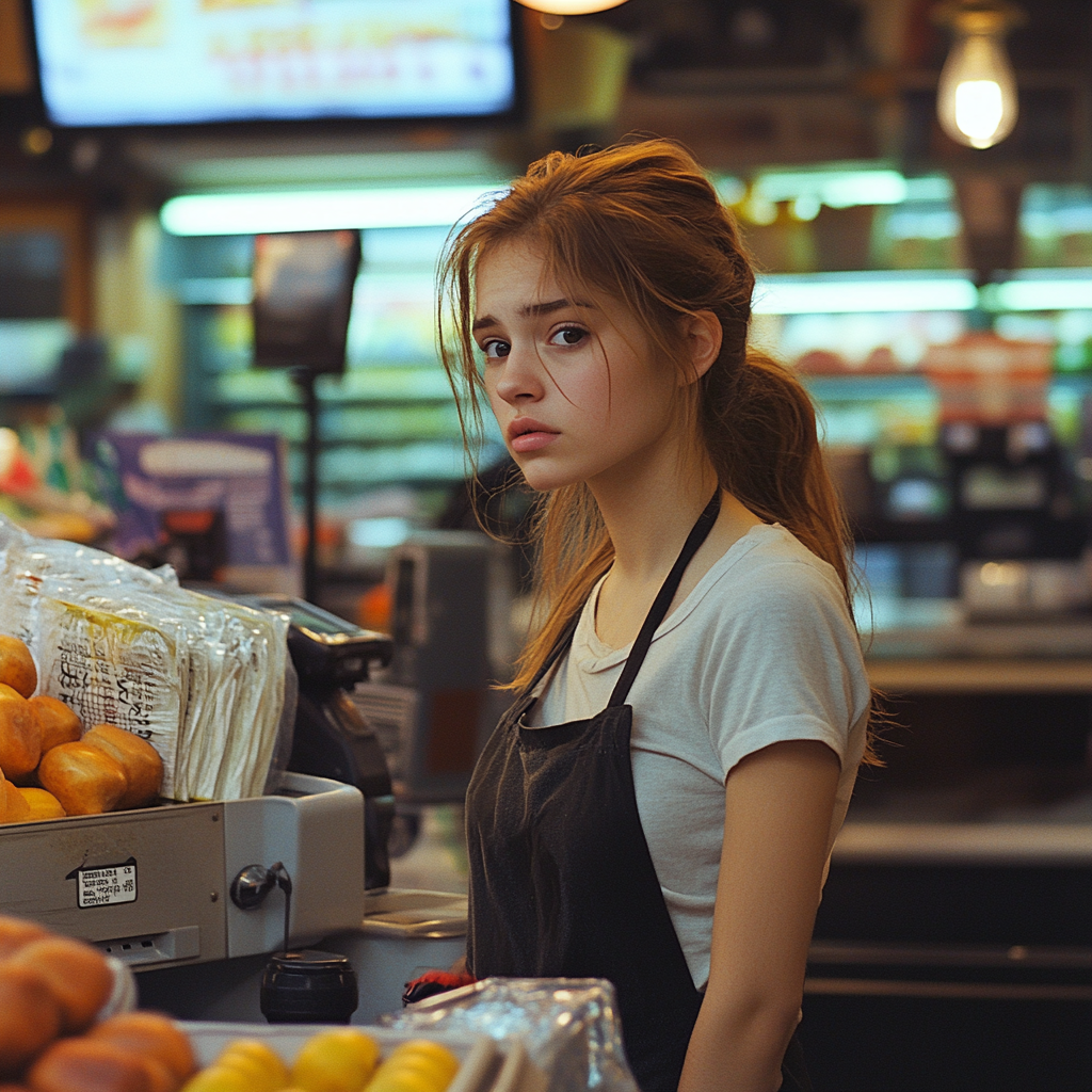 A cashier in a grocery store | Source: Midjourney