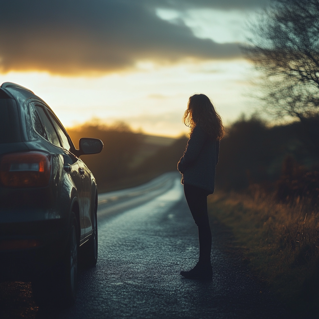 A woman standing on the side of the road | Source: Midjourney