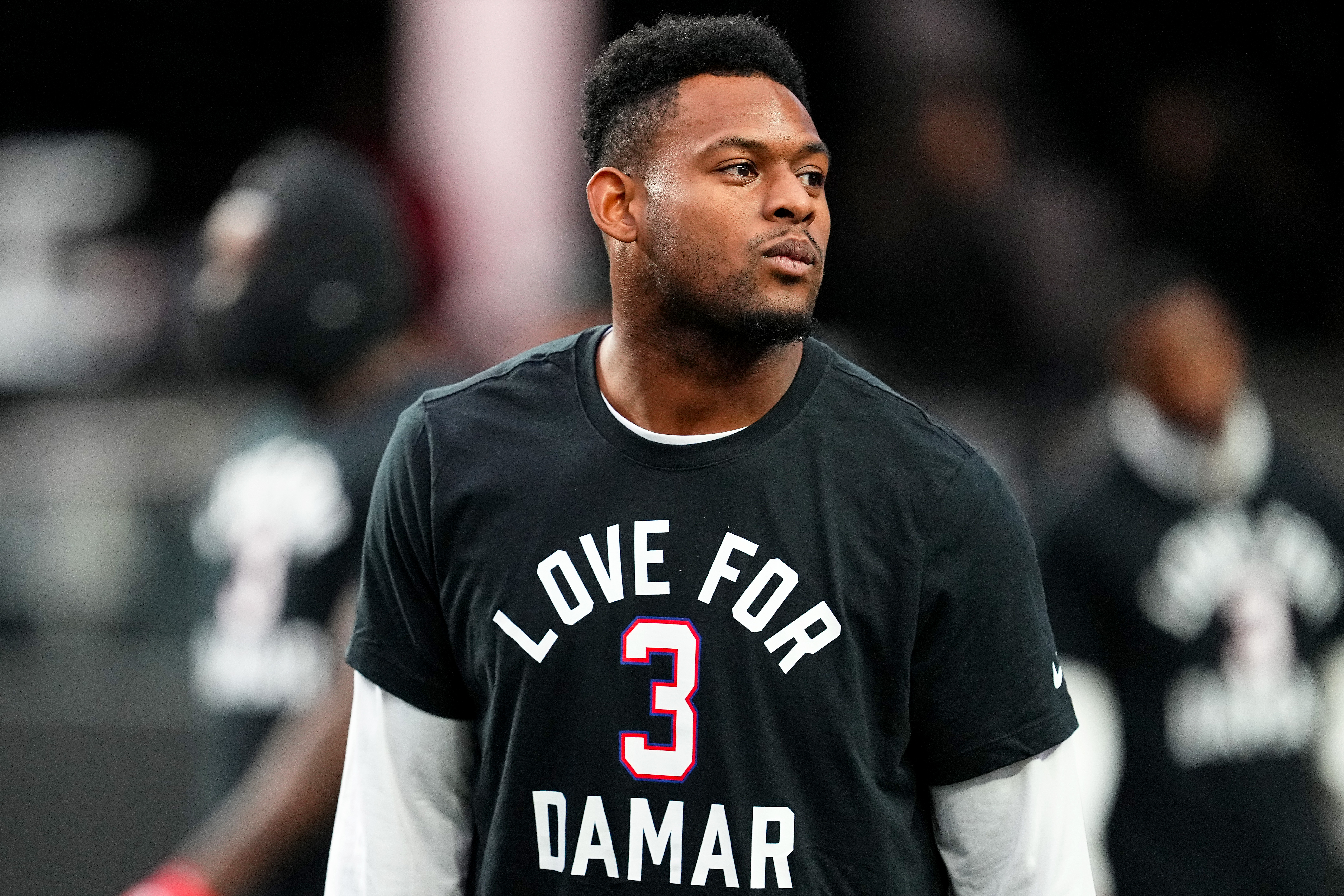JuJu Smith-Schuster of the Kansas City Chiefs wears a shirt in honor of Damar Hamlin of the Buffalo Bills during warmups prior to playing the Las Vegas Raiders at Allegiant Stadium on January 7, 2023, in Las Vegas, Nevada. | Source: Getty Images