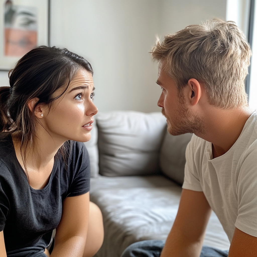 An upset woman talking to her husband | Source: Midjourney