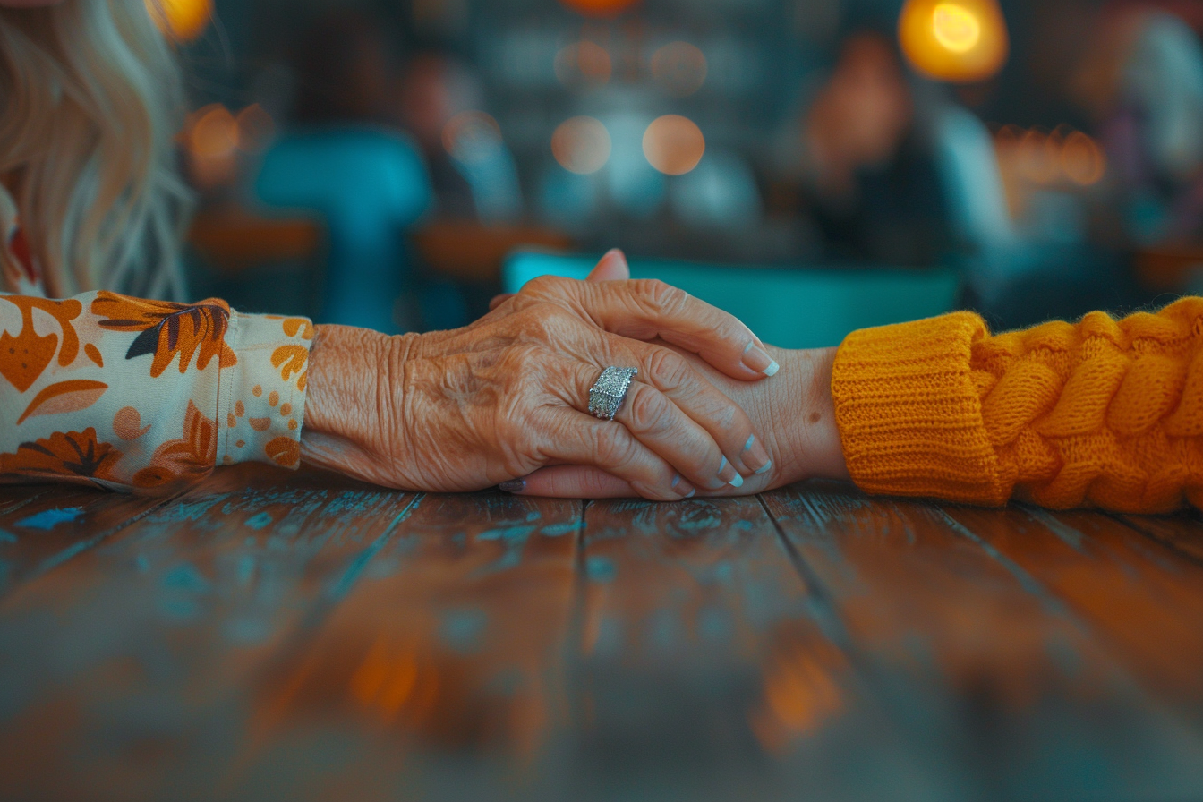 A older woman gently squeezing a younger woman's hand | Source: Midjourney