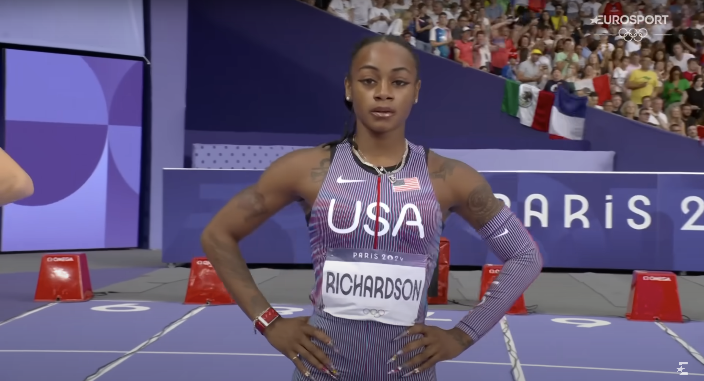 Sha'Carri Richardson during the women's 100m semifinals, posted on August 3, 2024 | Source: YouTube/Eurosport