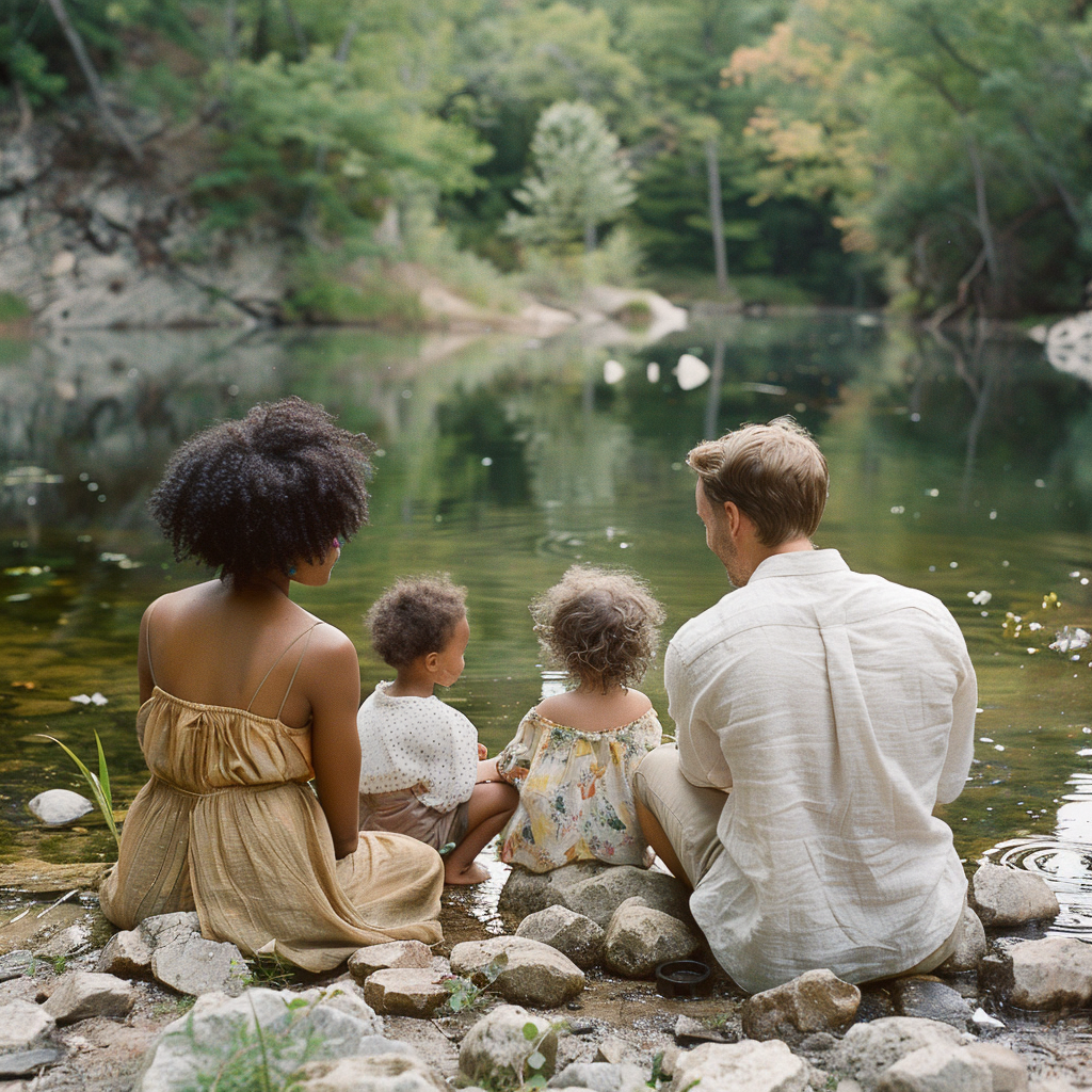 A happy family sitting by a lake | Source: Midjourney