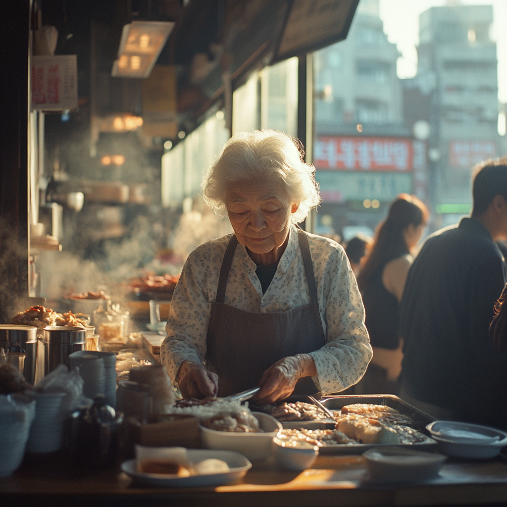 An old Korean woman preparing meals | Source: Midjourney