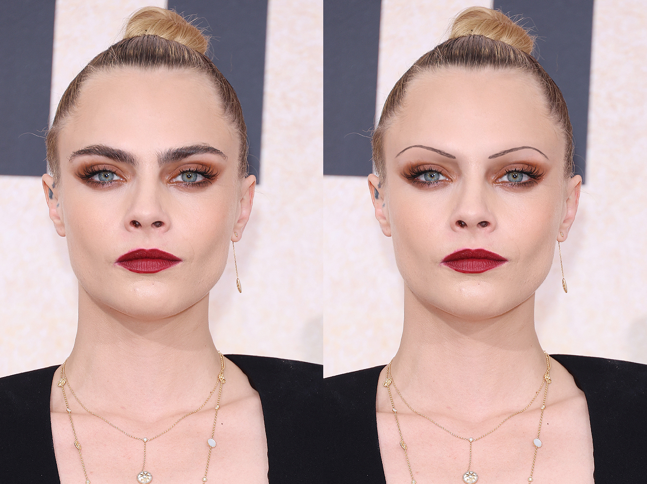 Cara Delevingne's signature brows from 2022 vs a digitally edited thin-brow look | Source: Getty Images