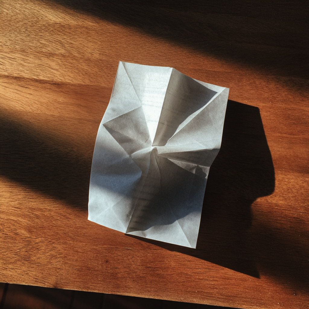 A folded piece of paper on a table | Source: Midjourney