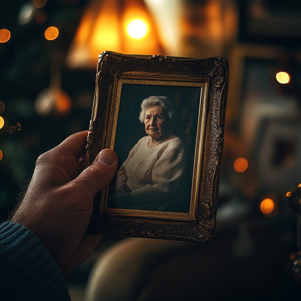 A man holding an older woman's framed photo | Source: Midjourney