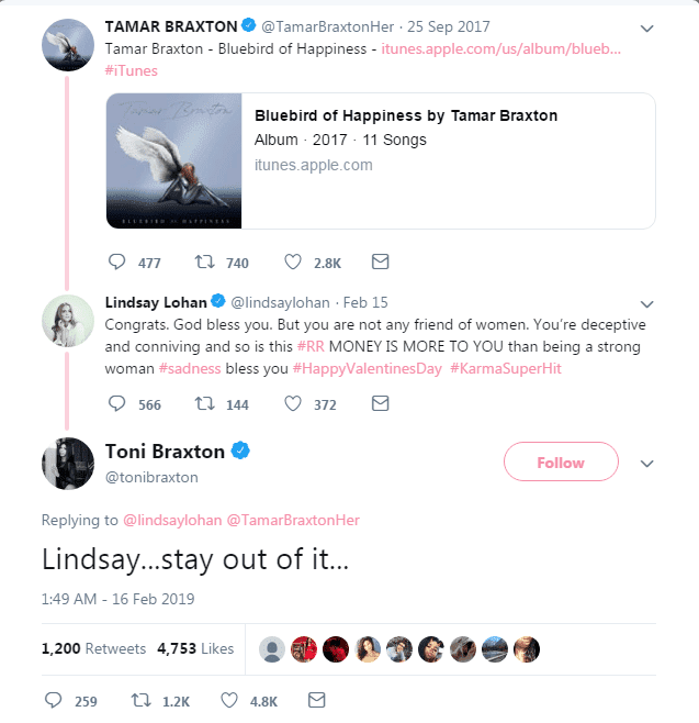 Tamar, Toni, and Lindsay's Twitter argument | Source: Twitter