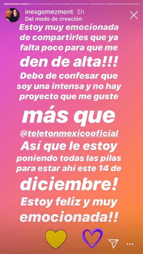 Story donde Inés Gómez Mont anuncia que regresa a su trabajo en la televisión mexicana. | Foto: Instagram/ @inesgomezmont
