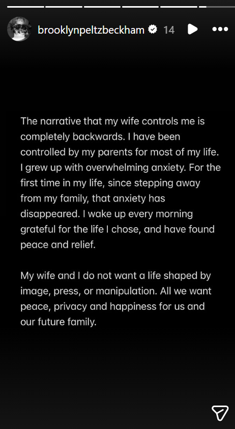 Brooklyn Beckham speaks what he wants, from a post dated January 19, 2026. | Source: Instagram Stories/brooklynpeltzbeckham