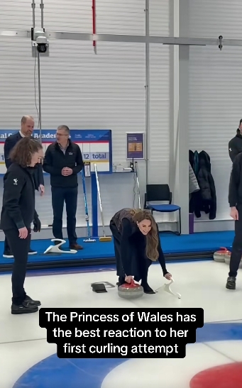 From a social media post dated January 20, 2026, Princess Kate was seen bent forward as she prepared to release the curling stone during her first attempt at the National Curling Academy in Stirling. Focused and composed, she listened closely to guidance from instructors while Prince William and other spectators looked on. | Source: TikTok/hellomag