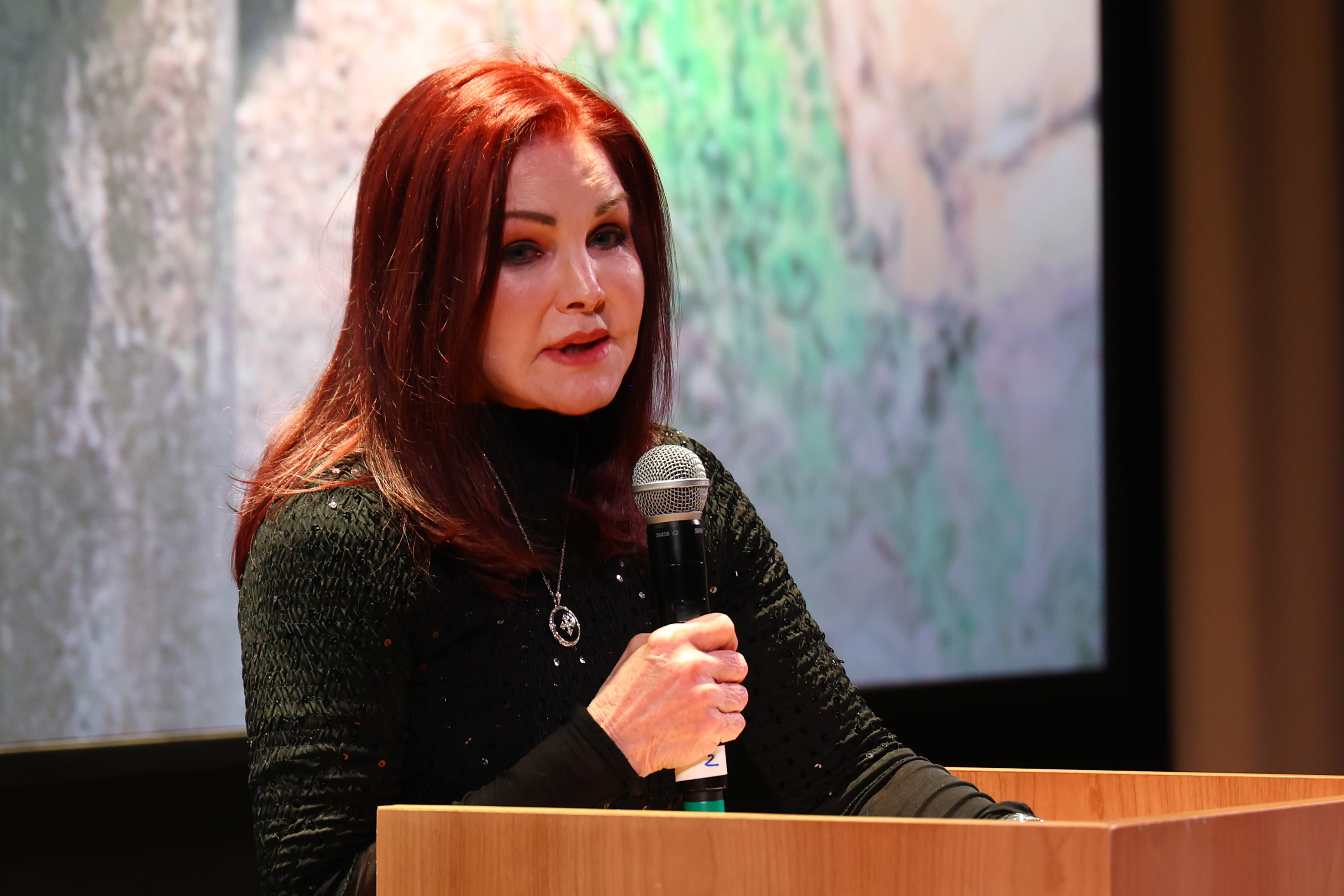 Priscilla Presley speaks onstage during the Screening of American Humane Society's Documentary "Escape from Extinction: Rewilding" at Rivian Laguna in California on April 19, 2025 | Source: Getty Images