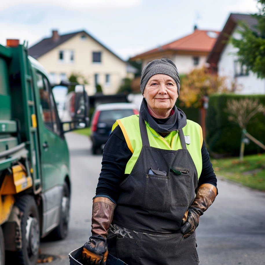 An elderly garbage lady standing next to a garbage truck in a neighborhood | Source: Midjourney