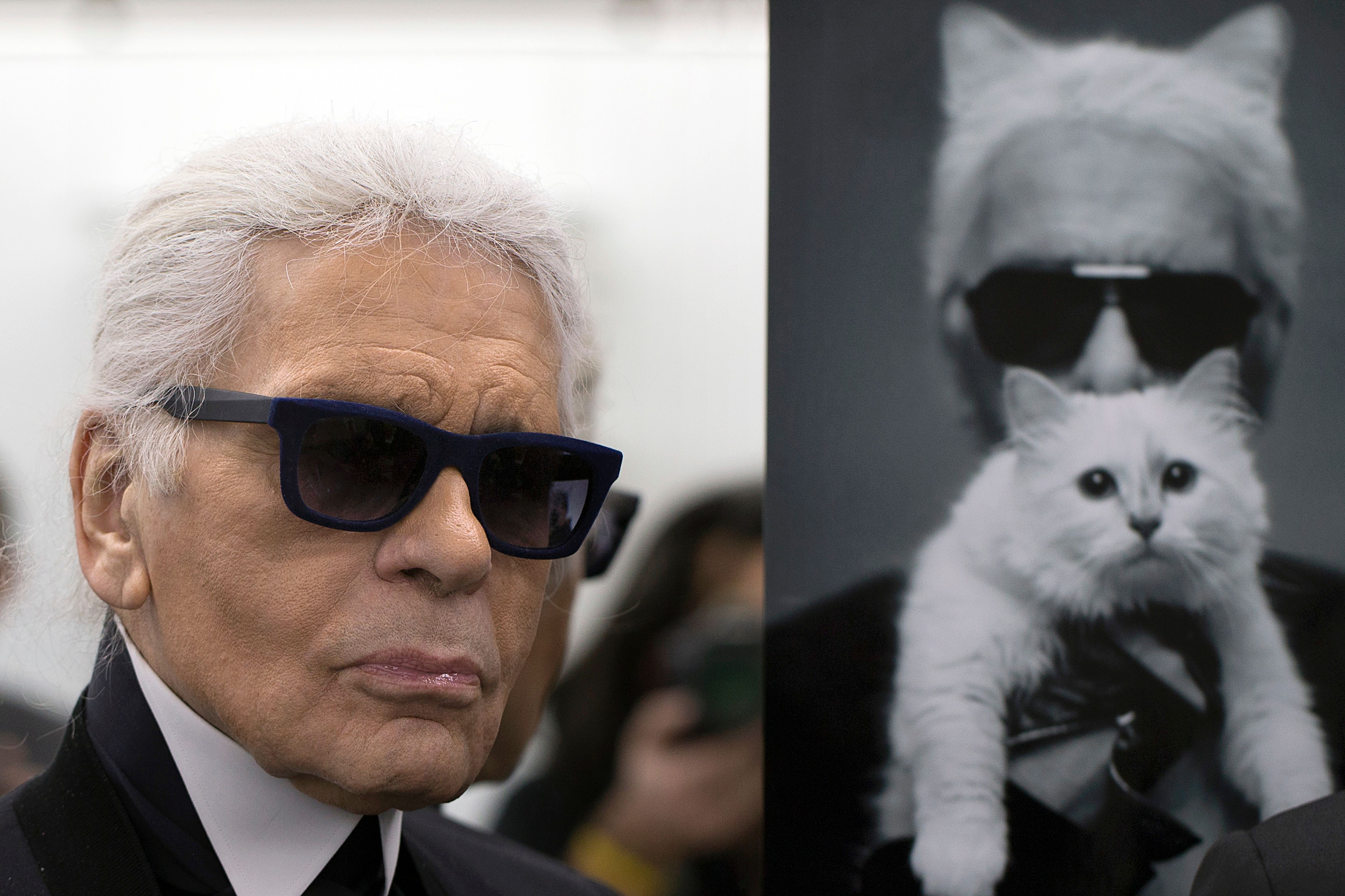 German fashion designer Karl Lagerfeld poses next to a photo of himself and his cat Choupette during a visit to the workshops that work for Chanel in Pantin, Paris, on February 7, 2014. | Source: Getty Images