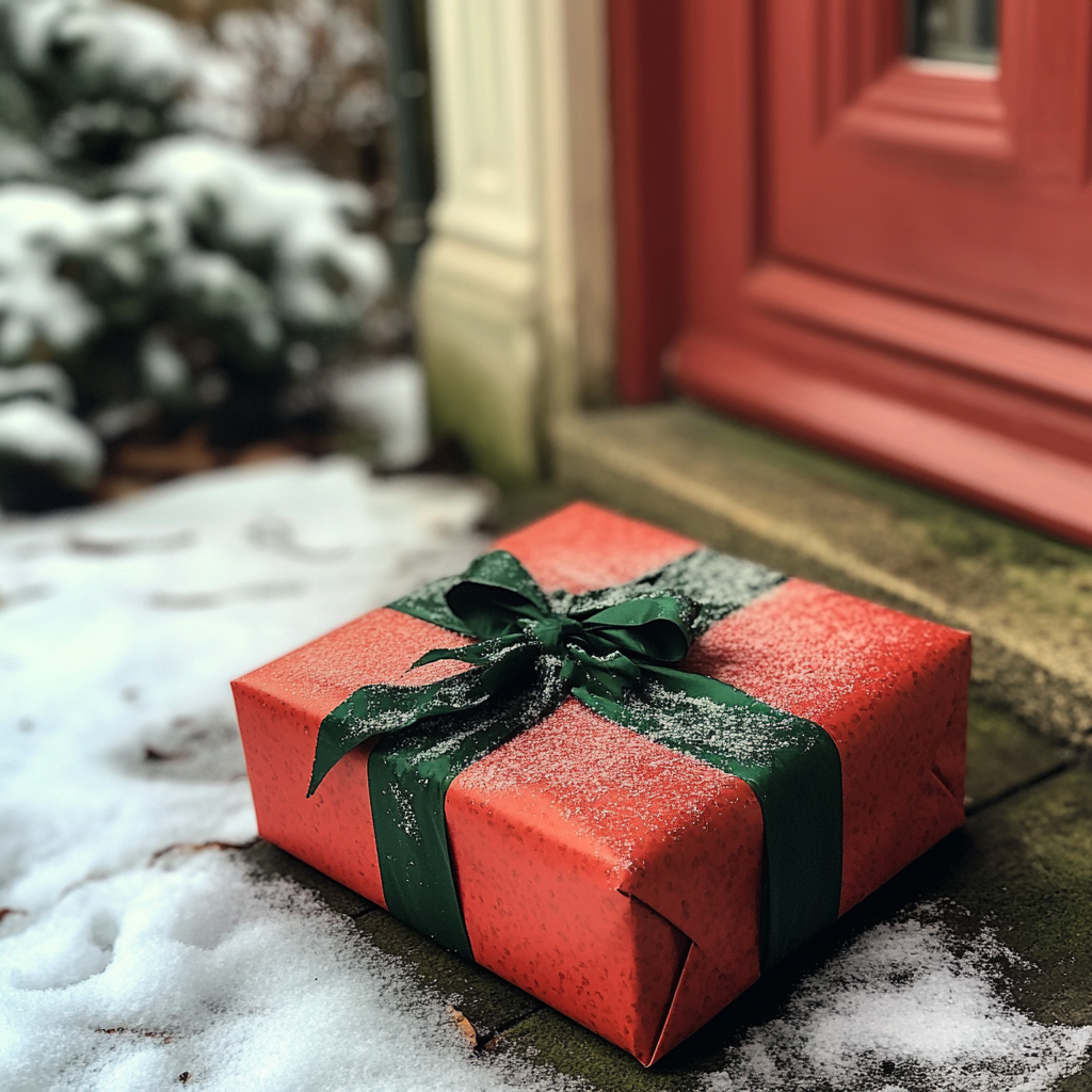 A red wrapped box with a green bow | Source: Midjourney