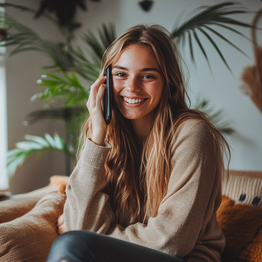 A smiling young woman on the phone | Source: Midjourney