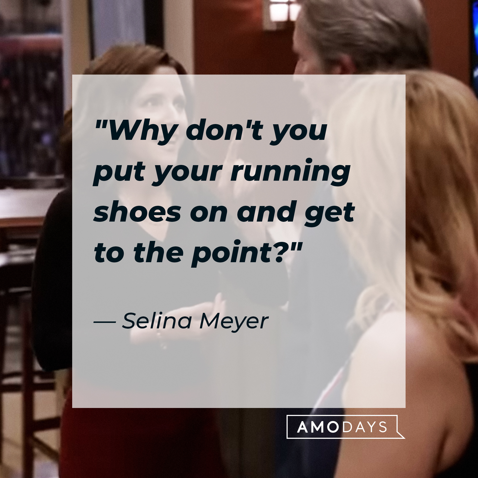 Selina Meyer, with other characters from “Veep” and her quote: "Why don't you put your running shoes on and get to the point?" │Source: youtube.com / Max