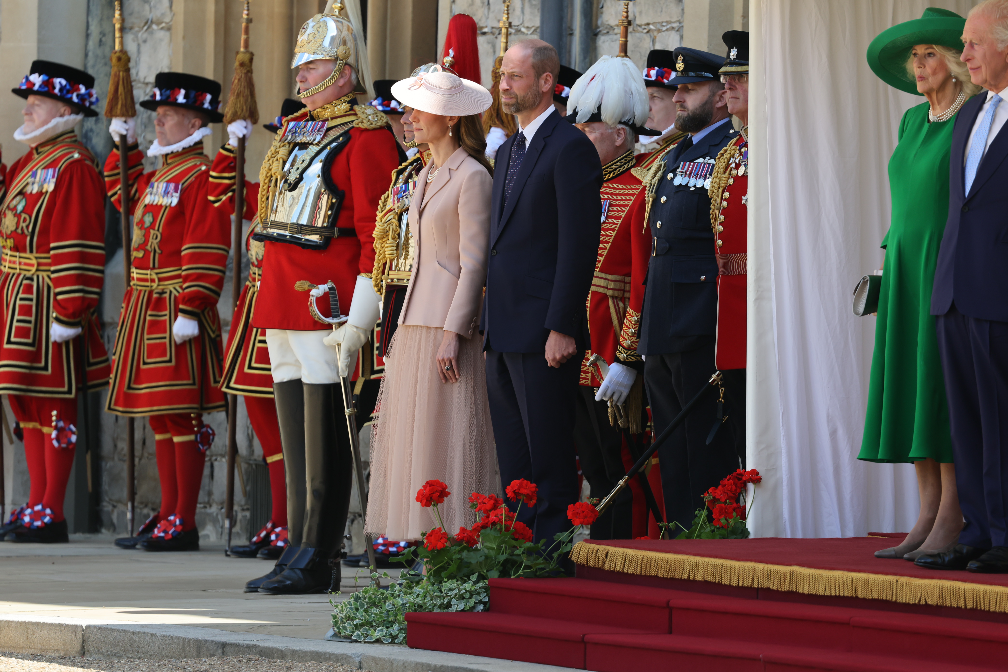 Catherine, Princess of Wales, and Prince William stood alongside King Charles III and Queen Camilla to welcome French President Emmanuel Macron and First Lady Brigitte Macron to Windsor Castle.