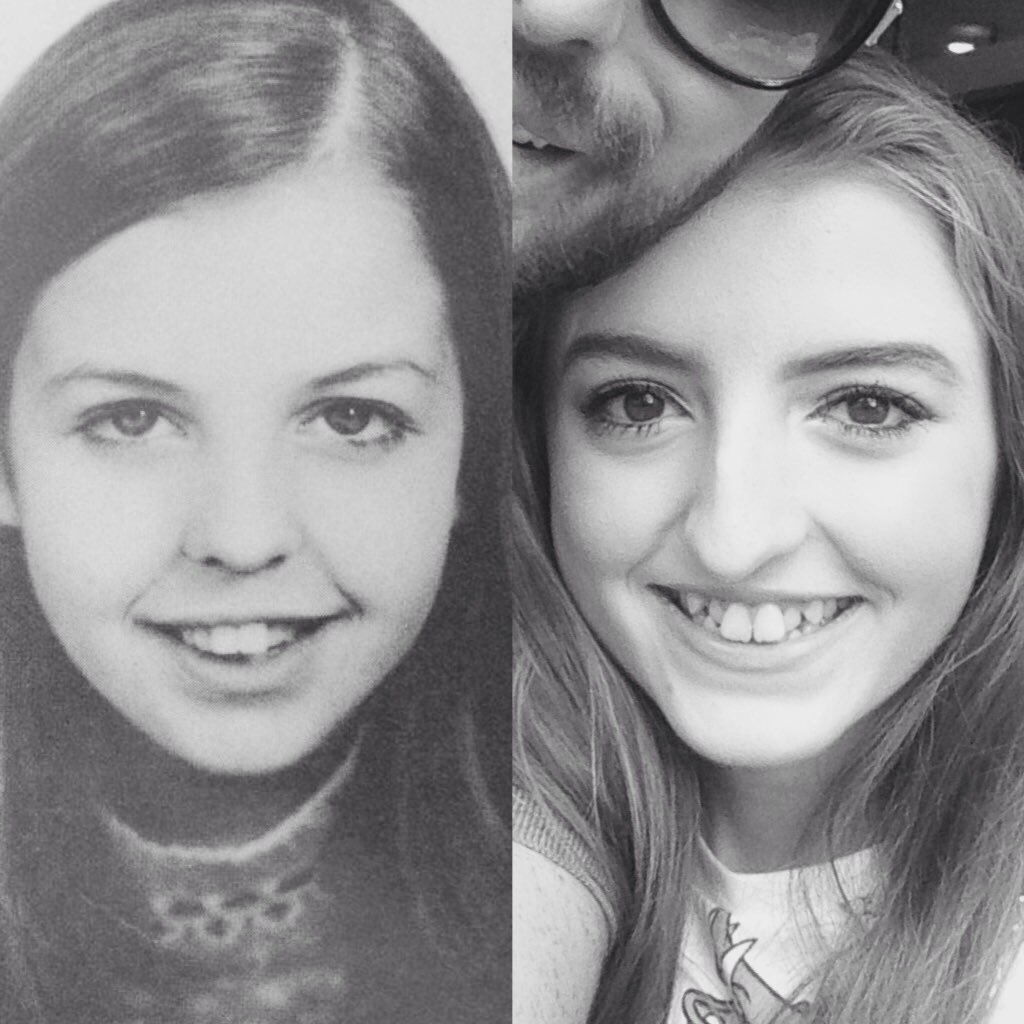 Side-by-side portraits of actress Sally Thomsett and her daughter Charlotte Agnew | Source: Twitter/ Sally Thomsett