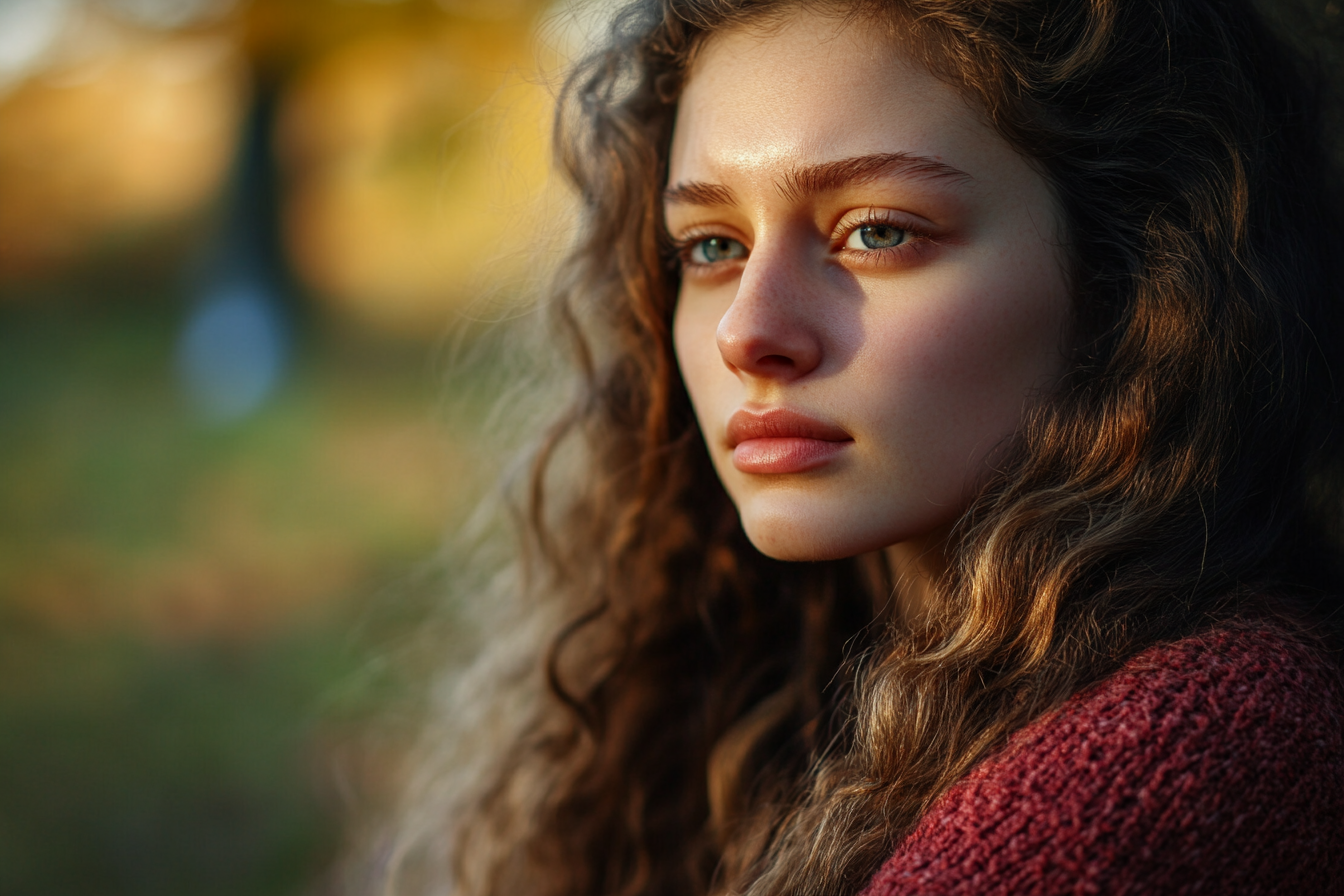 A woman in a park, thinking | Source: Midjourney