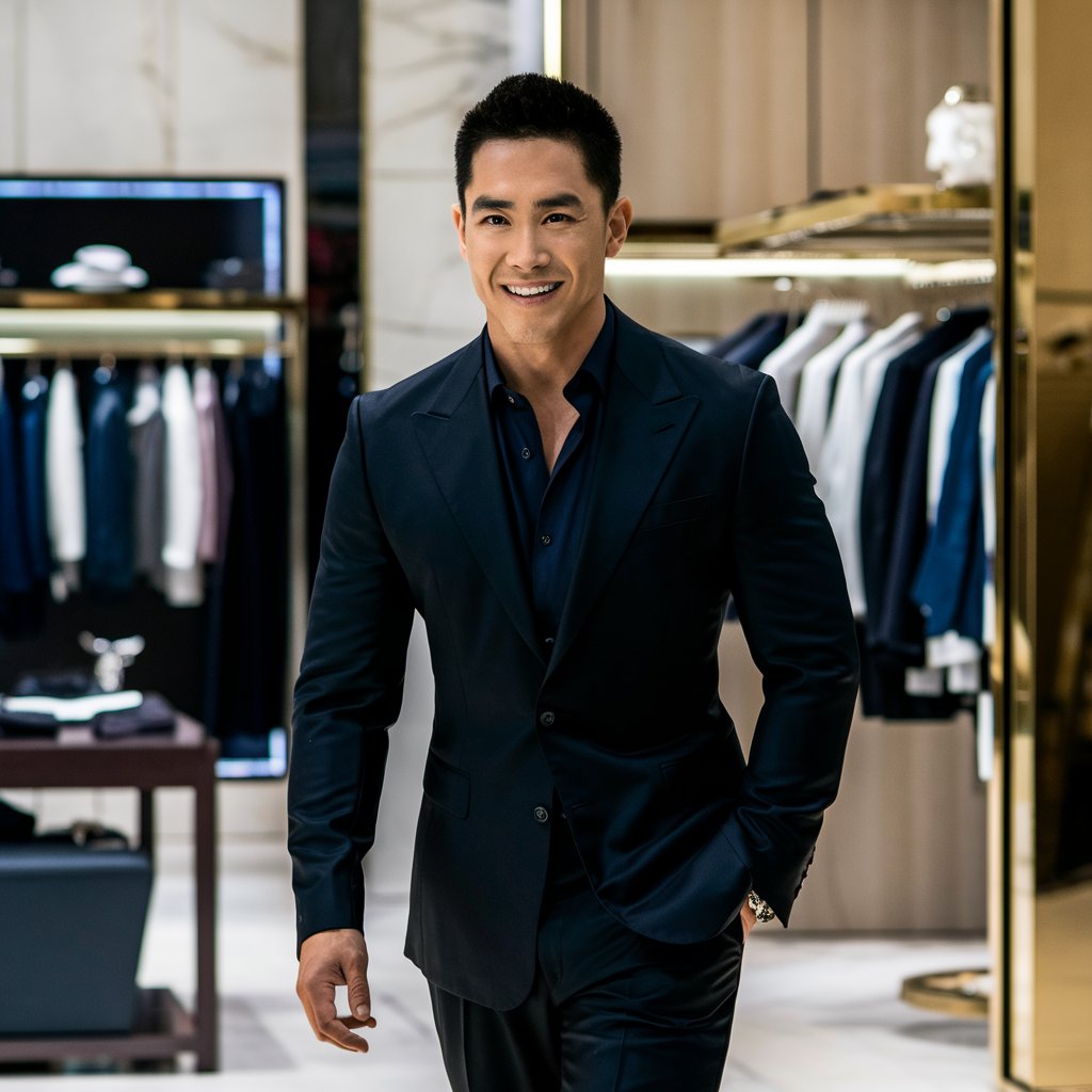 A sharply-suited man striding confidently through the front door of a store | Source: Midjourney