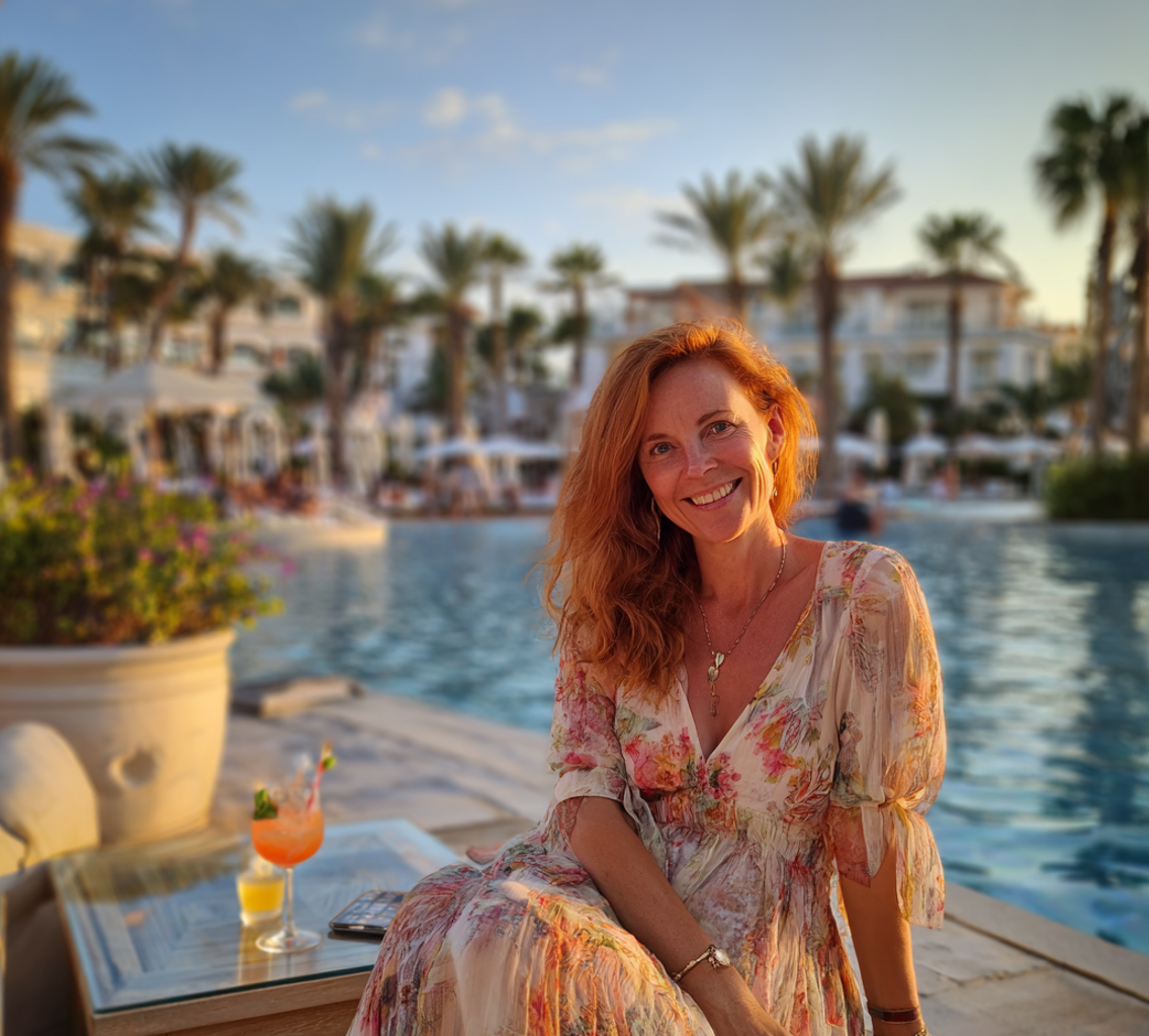 A smiling woman sitting at a resort | Source: Midjourney