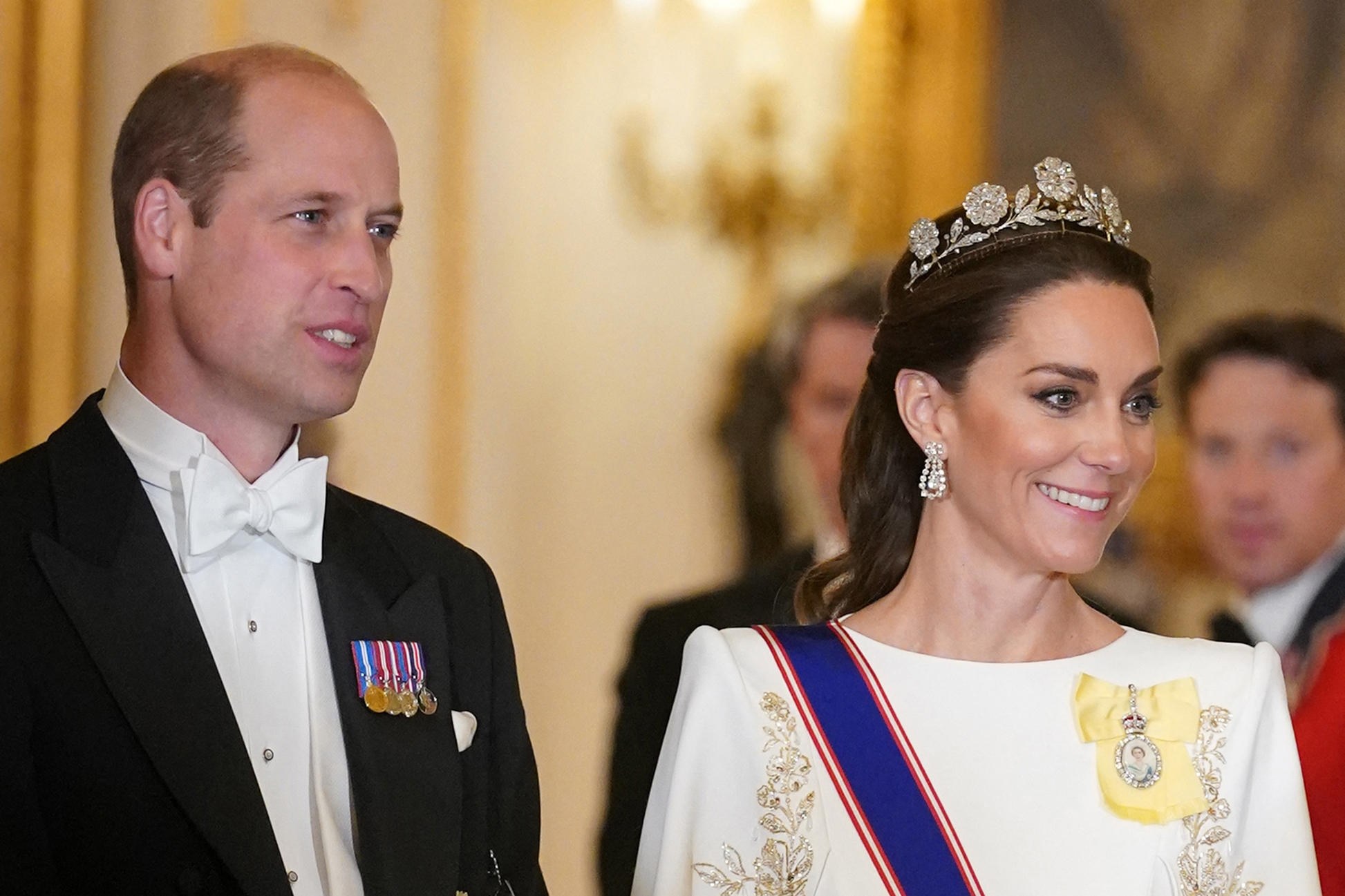 Prince William, Prince of Wales, and Catherine, Princess of Wales, arrive for a a State Banquet at Buckingham Palace in central London on November 21, 2023, for South Korea's former president Yoon Suk Yeol and his wife Kim Keon Hee on their first day of a three-day state visit to the UK. | Source: Getty Images