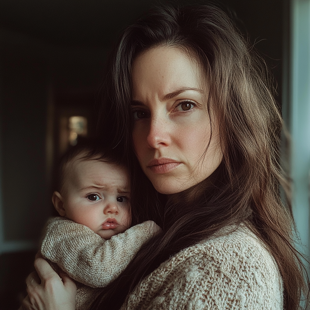 An upset woman holding a baby | Source: Midjourney