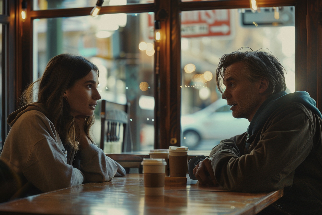 Young woman talking to older man at cafe | Source: Midjourney