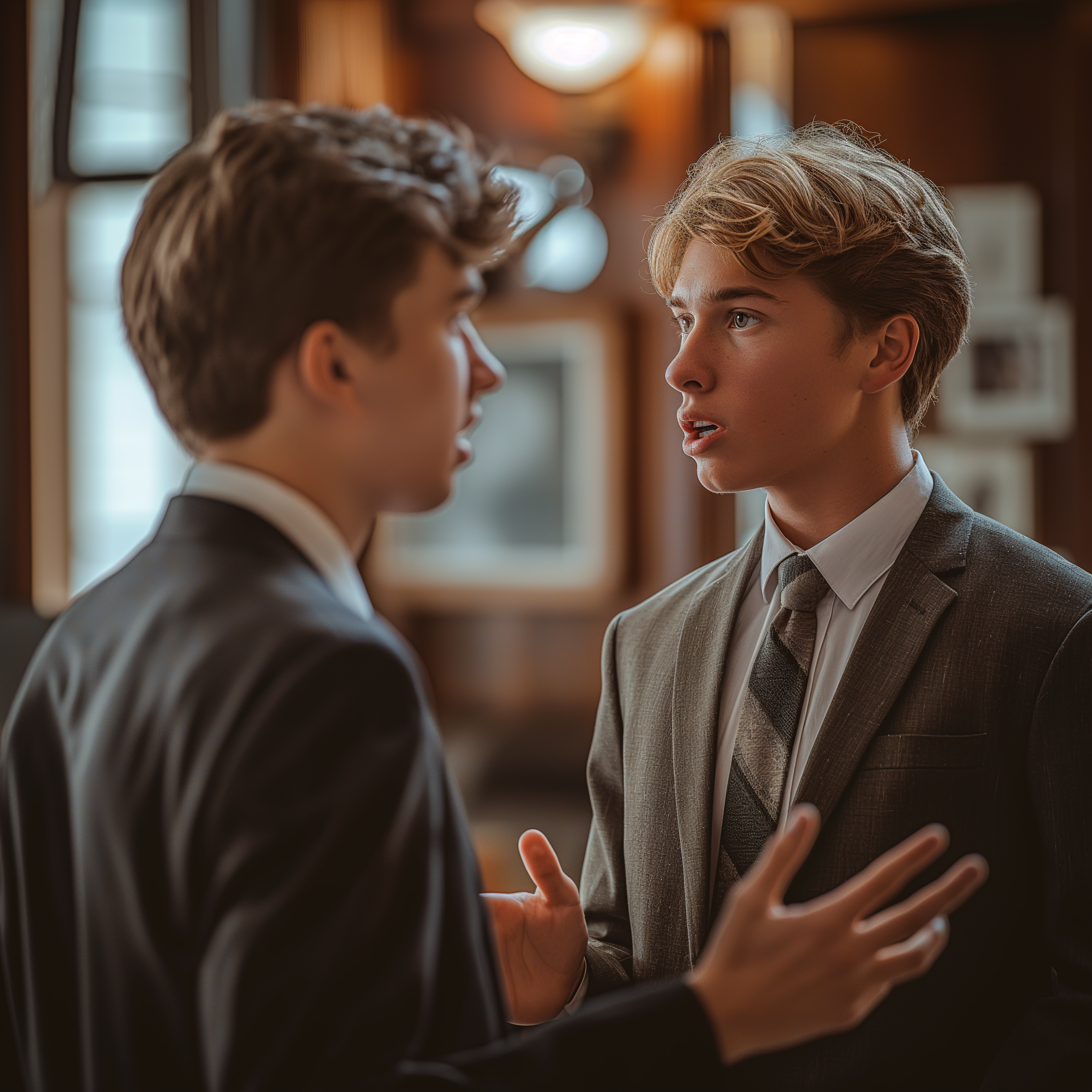 A young man in suit talking to his brother | Source: Midjourney