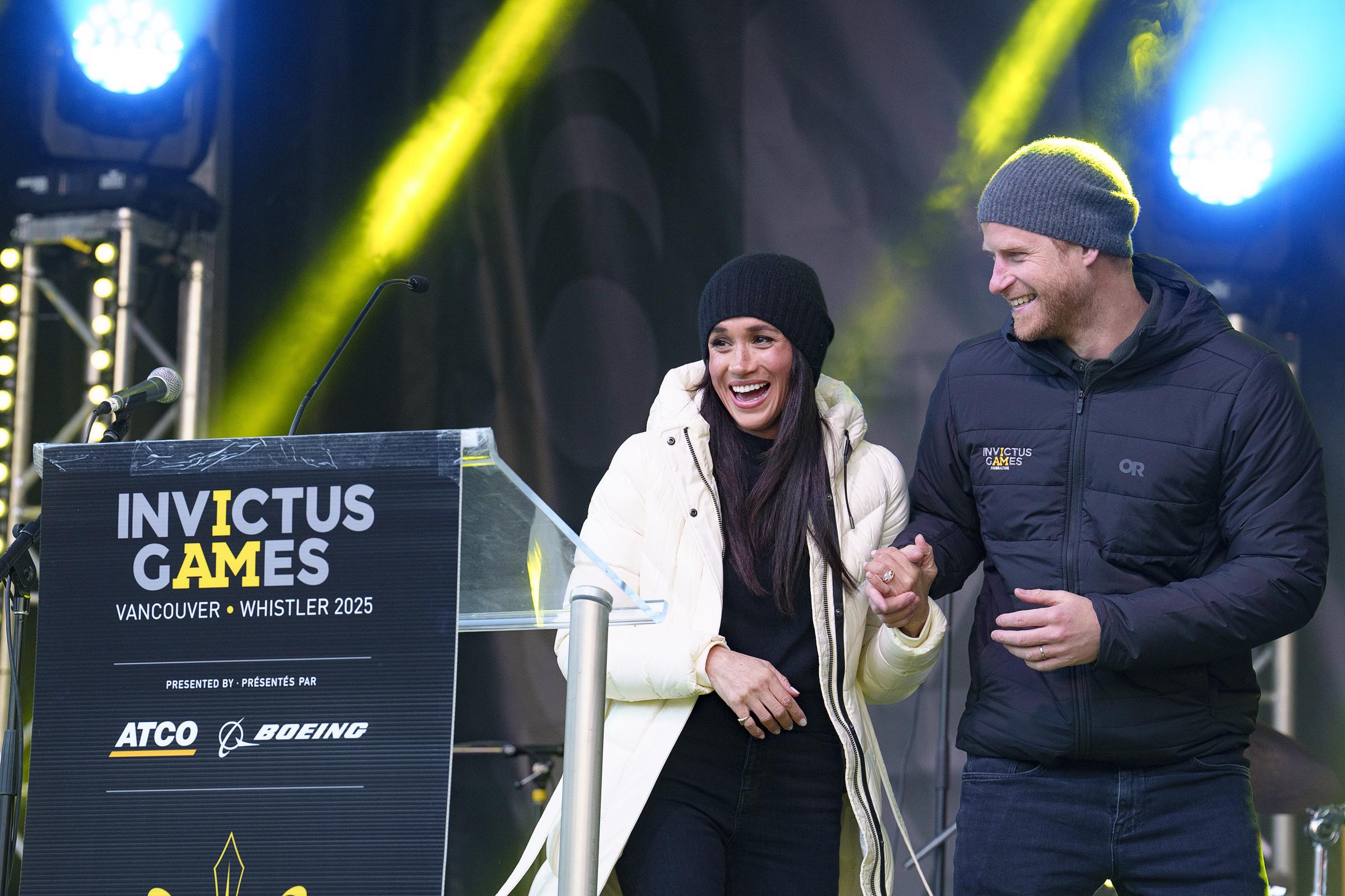 Prince Harry, the Duke of Sussex, is joined by Meghan, the Duchess of Sussex, after he delivers remarks at the Invictus Games Vancouver Whistler 2025 Nation Home Welcome Reception in Whistler, Canada, on February 10, 2025 | Source: Getty Images