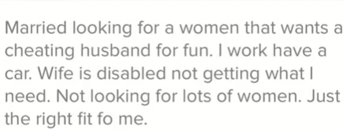 La description du profil d'un mari sur une application de rencontre en ligne qui indique qu'il veut tromper sa femme | Photo : TikTok/vanessariley_hub