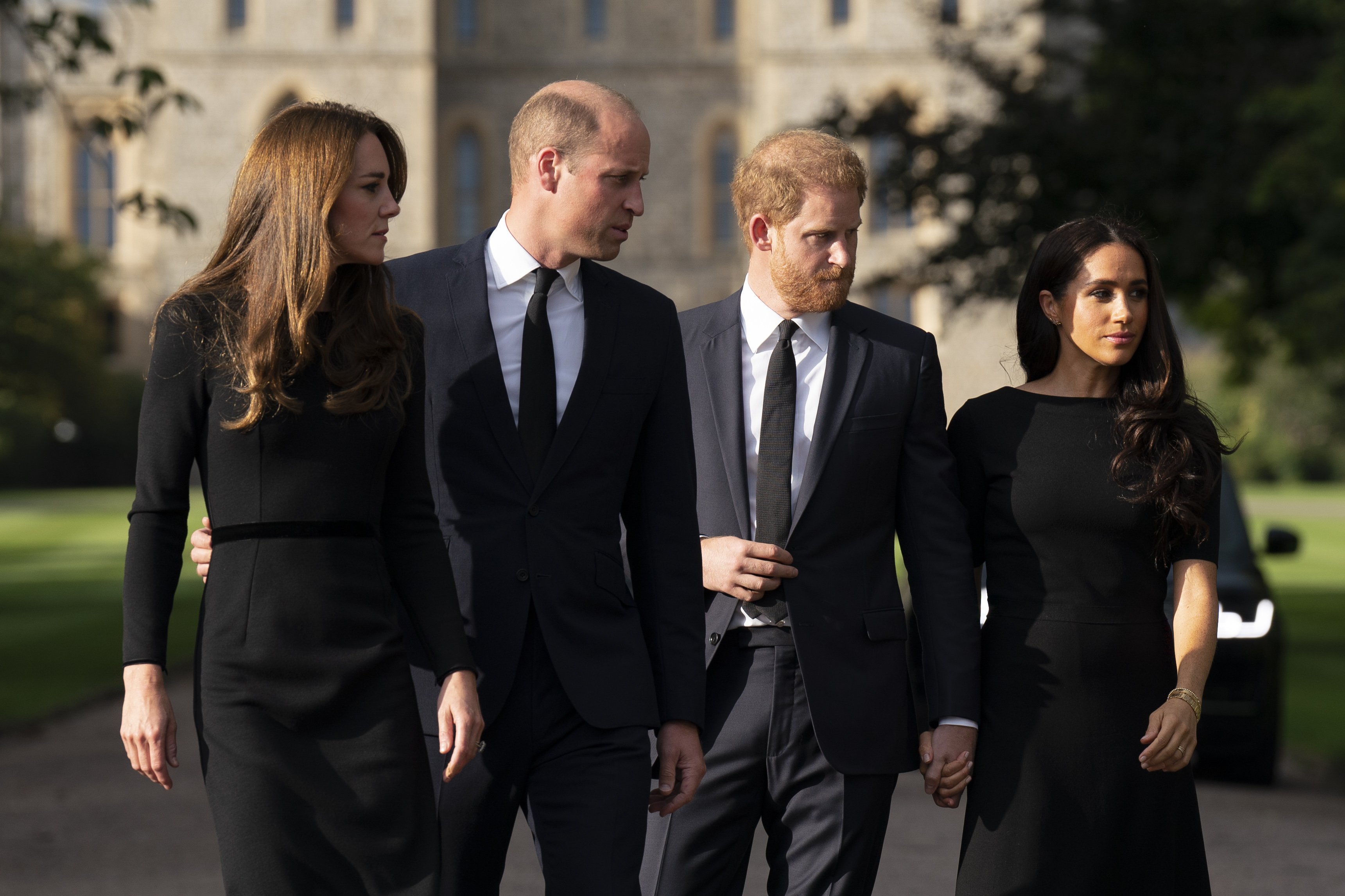 Princess Kate, Prince William, Prince Harry, and Duchess Meghan on the Long Walk at Windsor Castle on September 10, 2022, in Windsor, England | Source: Getty Images