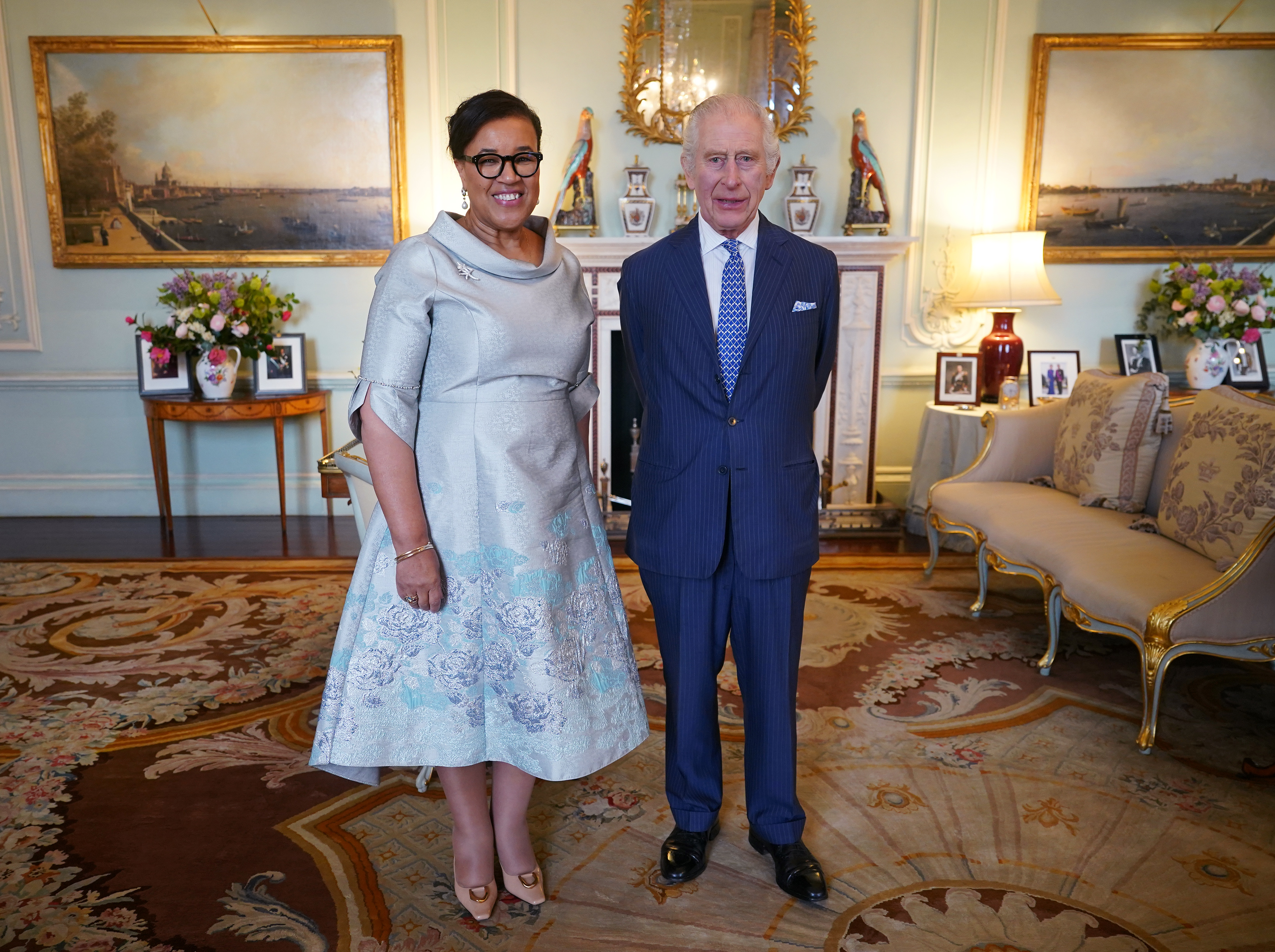 King Charles III with the Commonwealth Secretary General, Baroness Scotland of Asthal at Buckingham Palace on March 13, 2024 | Source: Getty Images