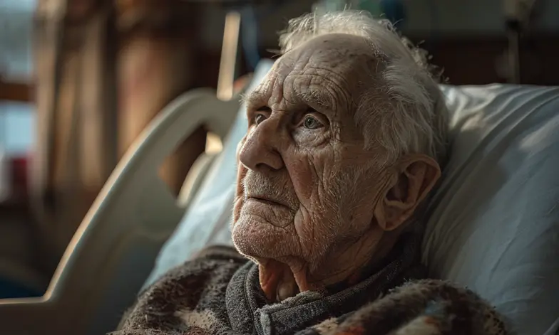 An old man sitting up in a hospital bed | Source: Midjourney