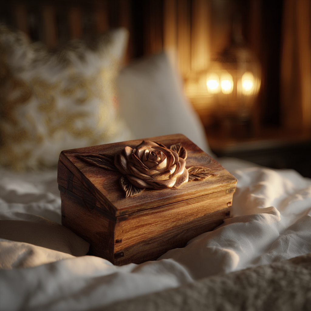 A wooden box on a bed | Source: Midjourney