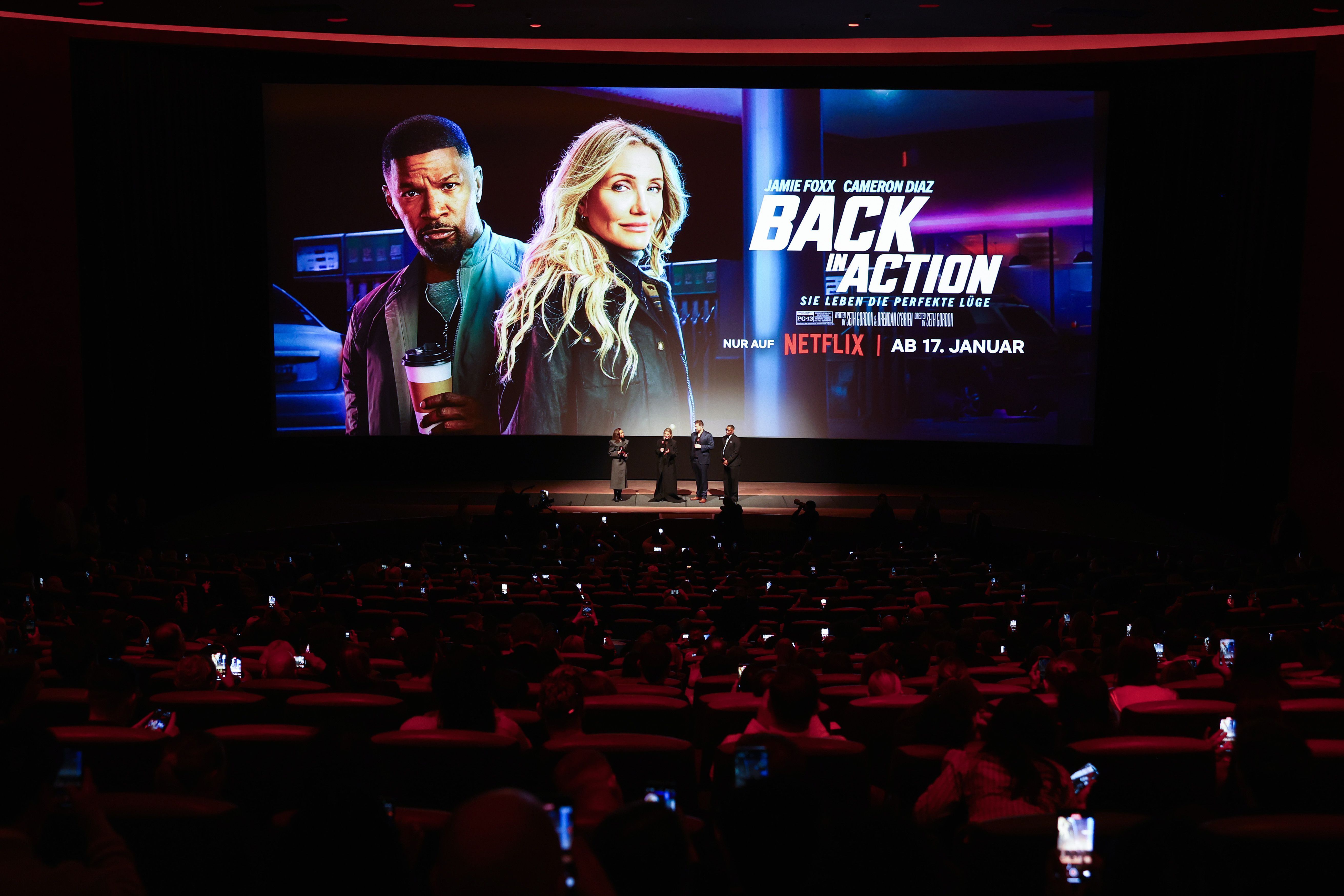 Jenny Augusta, Cameron Diaz, Seth Gordon, and Jamie Foxx speak onstage at the special screening of "Back in Action" on January 15, 2025, in Berlin, Germany | Source: Getty Images